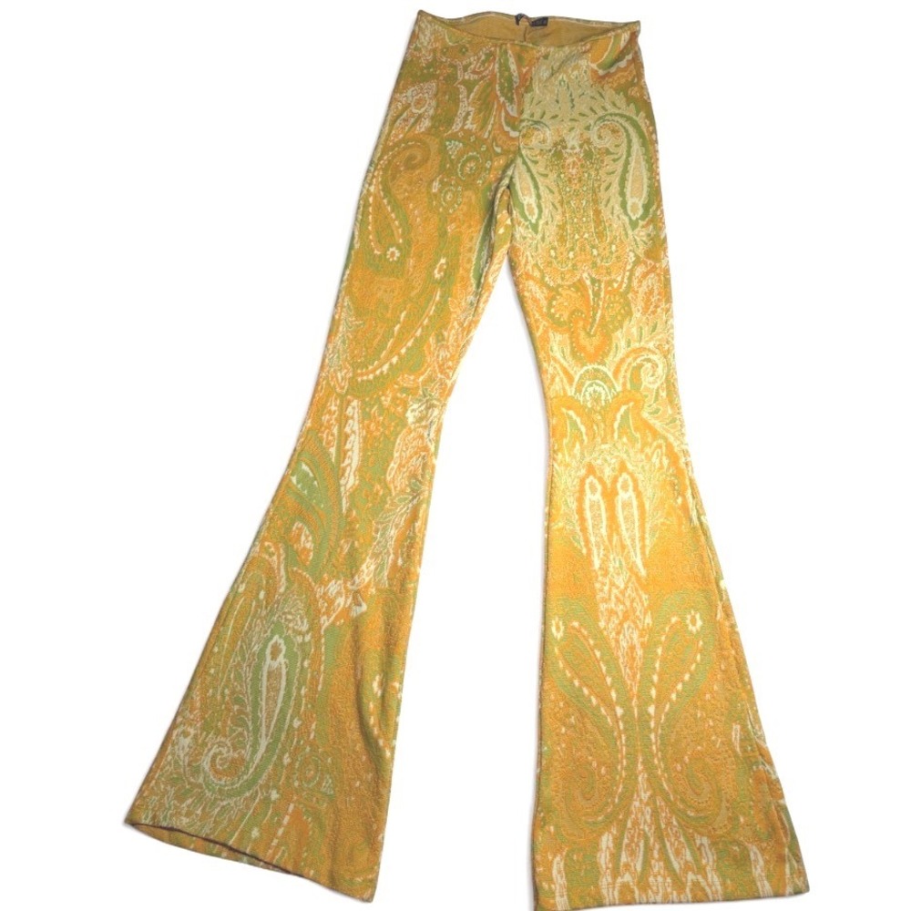 Zara Flare Pants Yellow Green Paisley Jacquard Knit Retro Boho Festival Medium